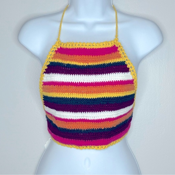 unknown Tops - Striped Crochet Halter Crop Top‎ Size M NWT